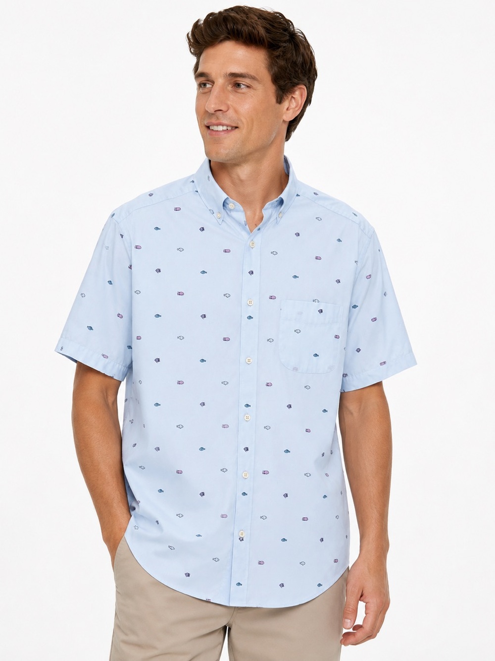 Charles Tyrwhitt Men’s Short Sleeve Non-Iron Poplin Fish Print Shirt Blue Large